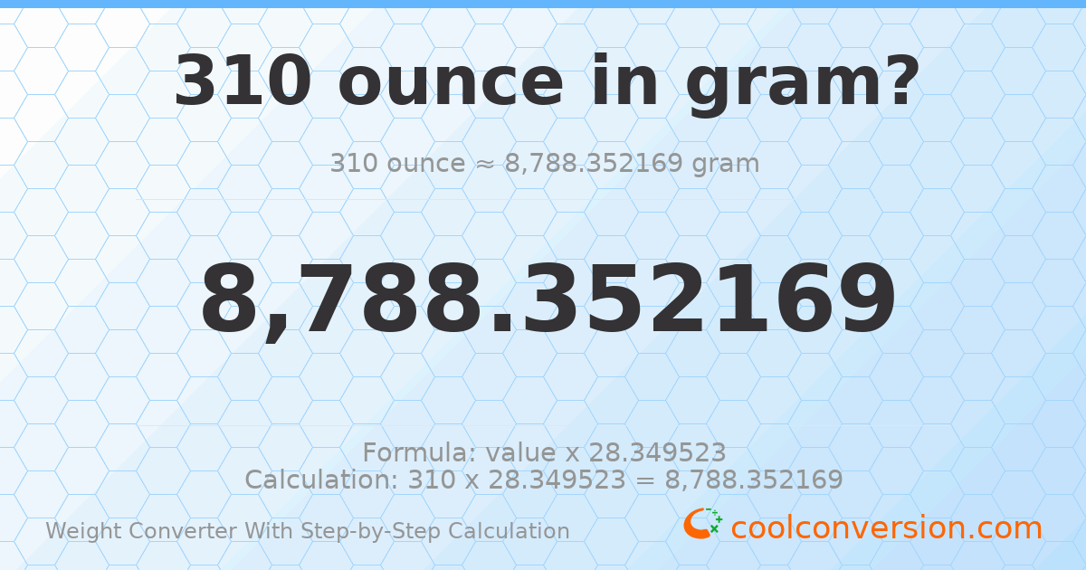 310 ounces = 8788.35 grams