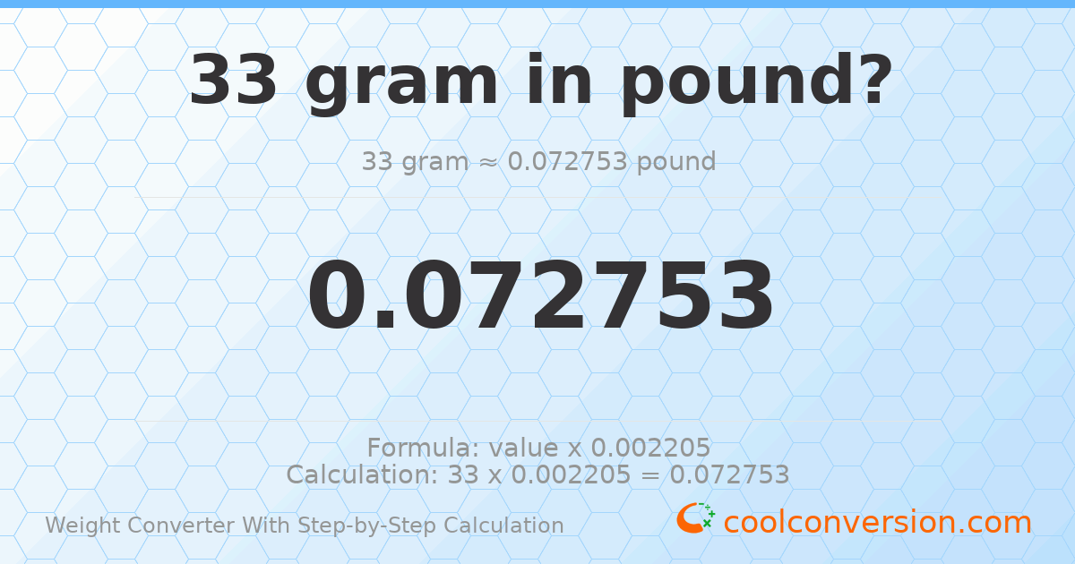 33 grams = 0.0727525 pounds