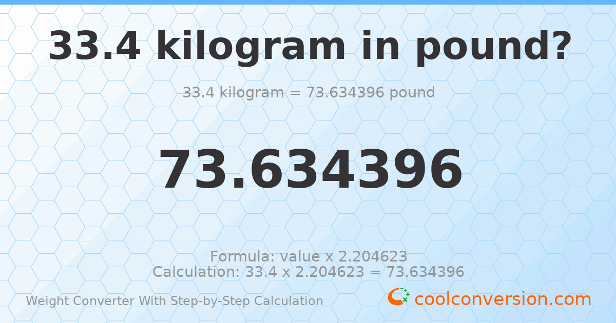 33.4 kilograms = 73.6344 pounds