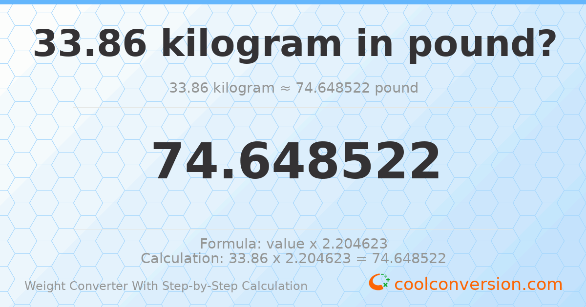 33.86 kilograms = 74.6485 pounds