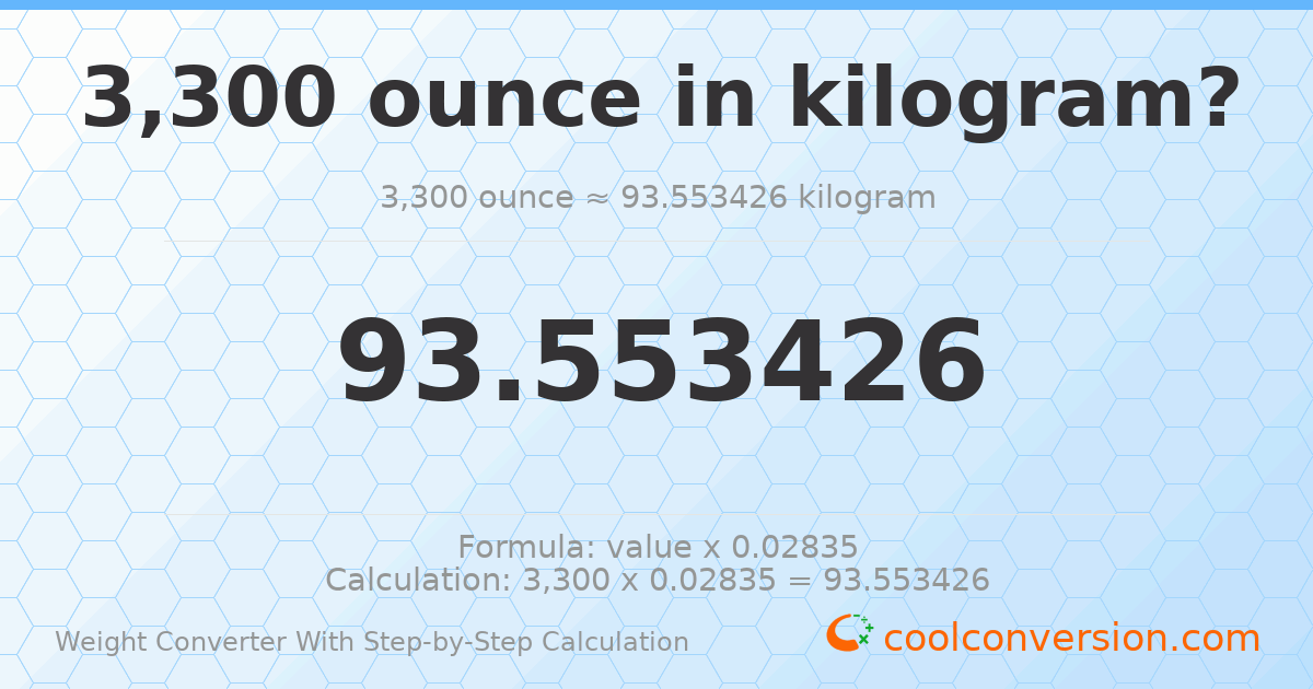 3300 ounces = 93.5534 kilograms
