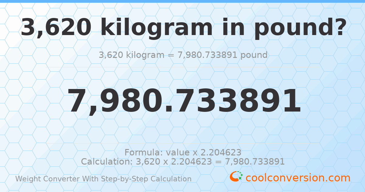 3620 kilograms = 7980.73 pounds