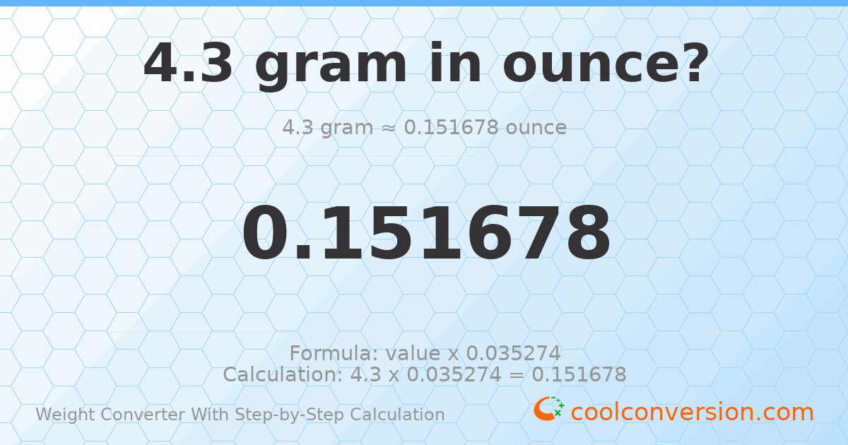 4.3 grams = 0.151678 ounces