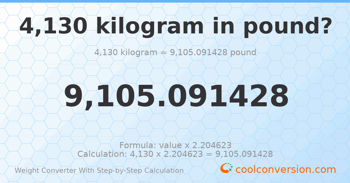 4130 kilograms = 9105.09 pounds