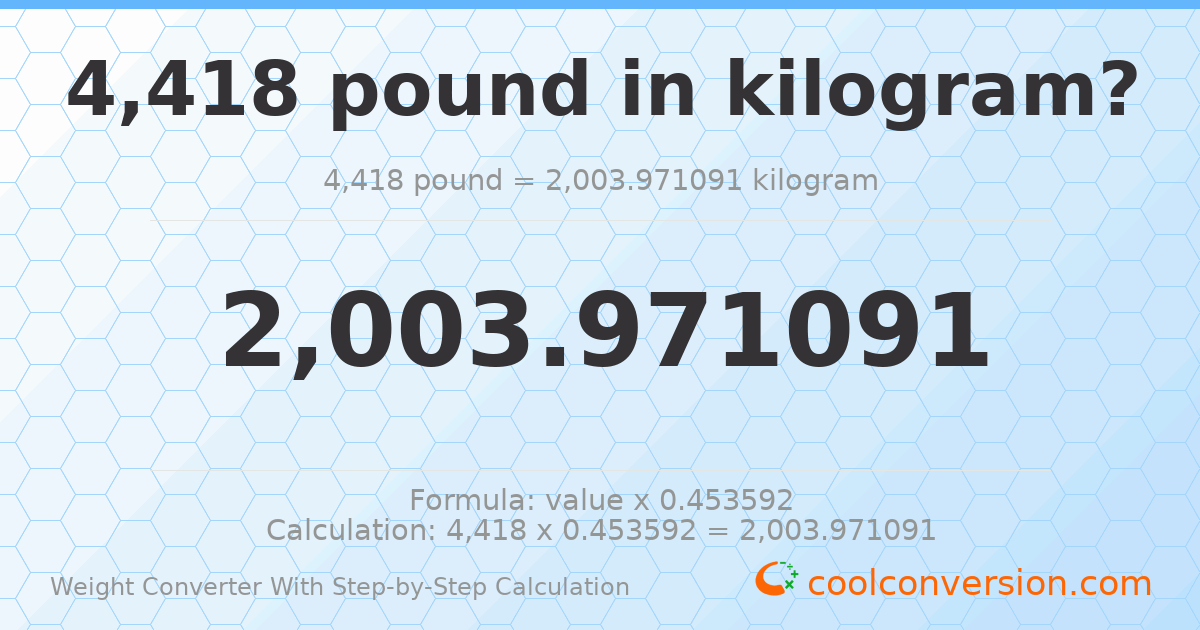 4418 pounds = 2003.97 kilograms