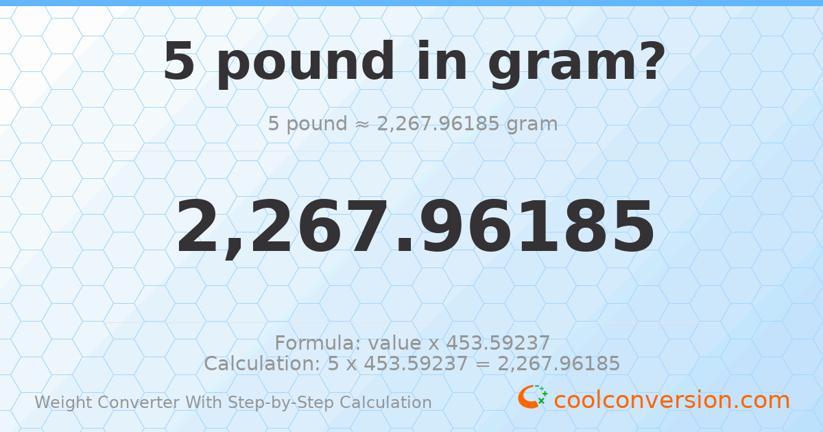 5 pounds = 2267.96 grams