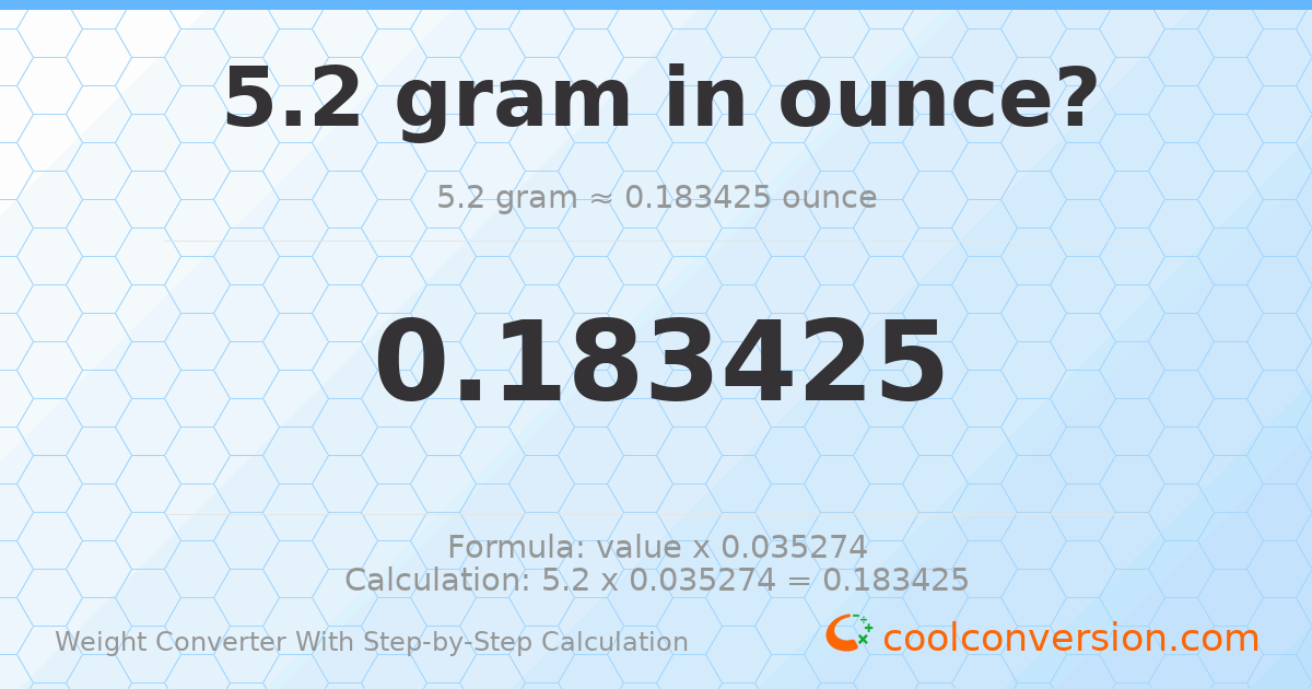 5.2 grams = 0.183425 ounces