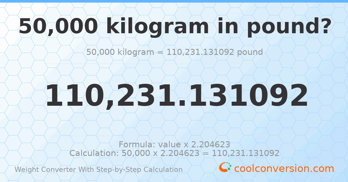 50000 kilograms = 110231 pounds