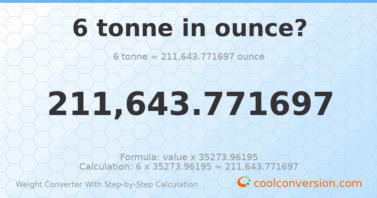 6 tonnes = 211644 ounces