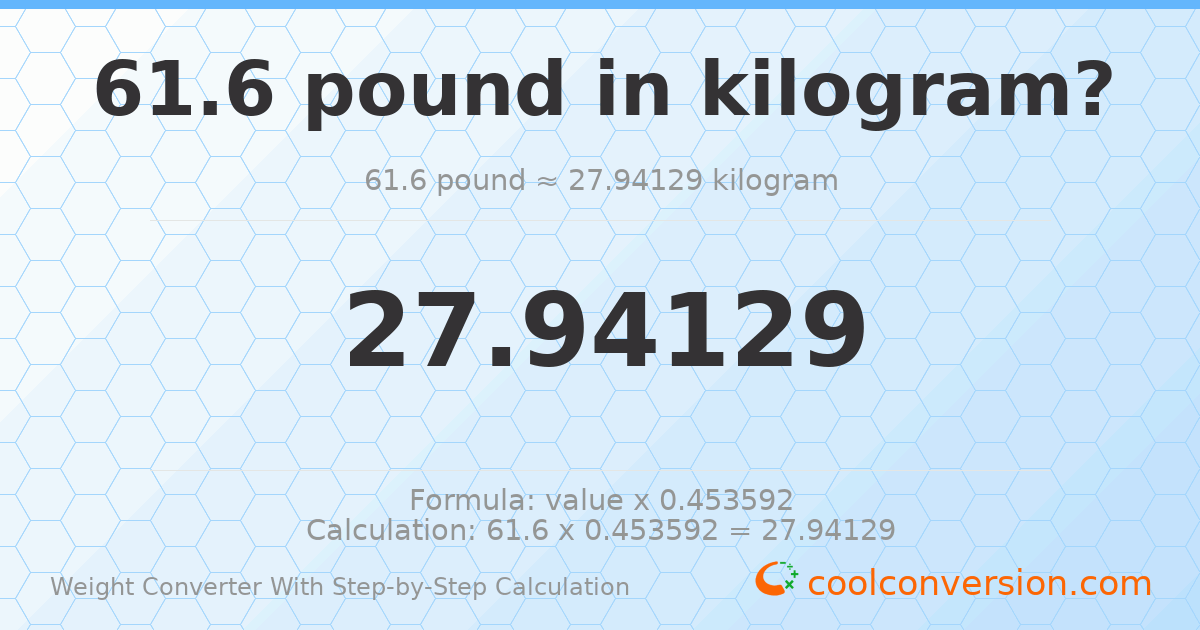 61.6 pounds = 27.9413 kilograms