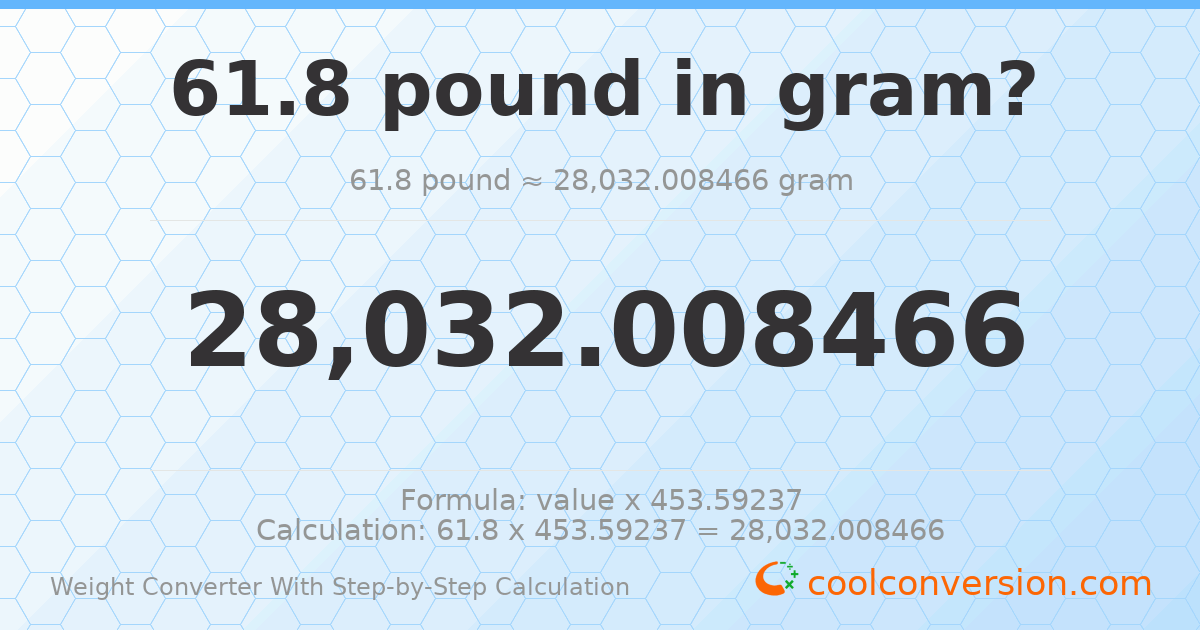 61.8 pounds = 28032 grams