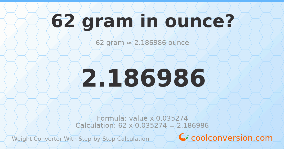 62 grams = 2.18699 ounces