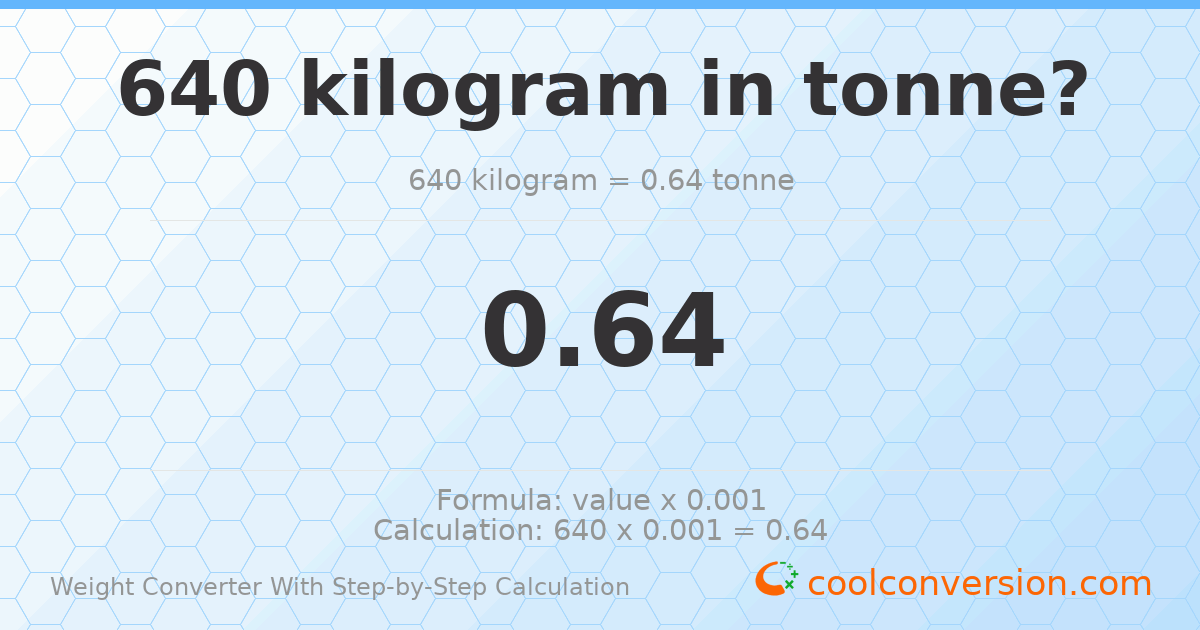 640 kilograms = 0.64 tonnes