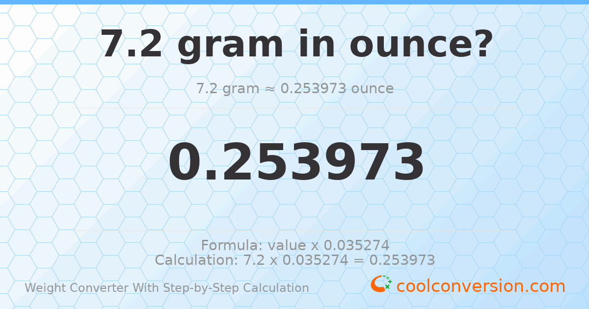 7.2 grams = 0.253973 ounces