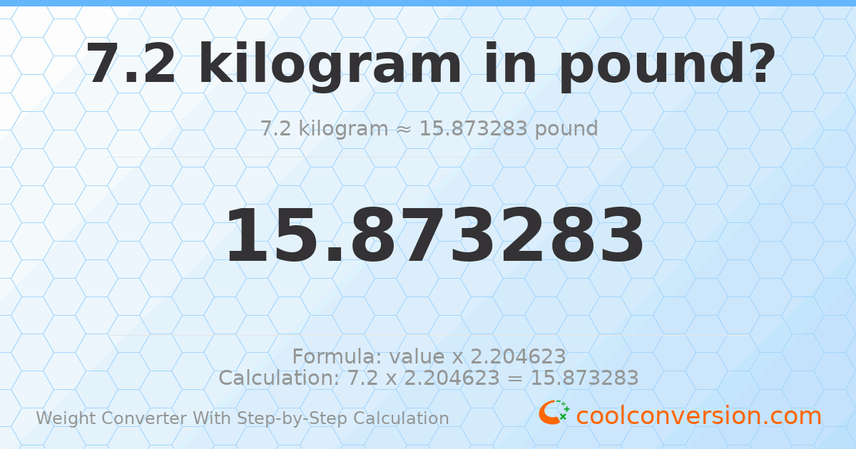 7.2 kilograms = 15.8733 pounds
