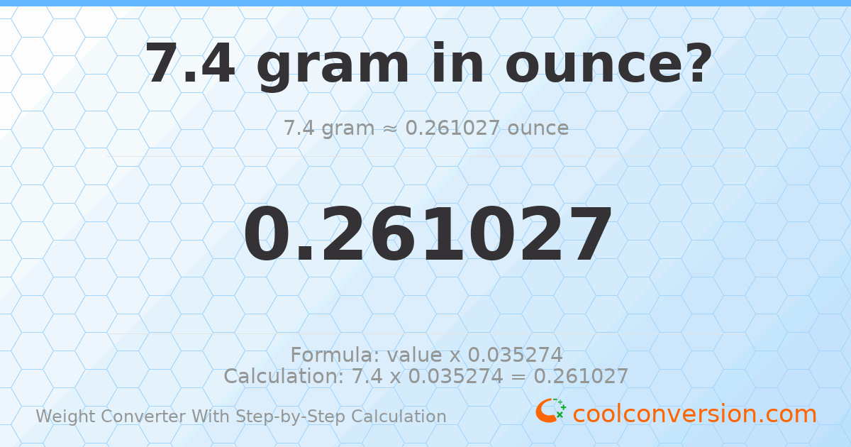 7.4 grams = 0.261027 ounces