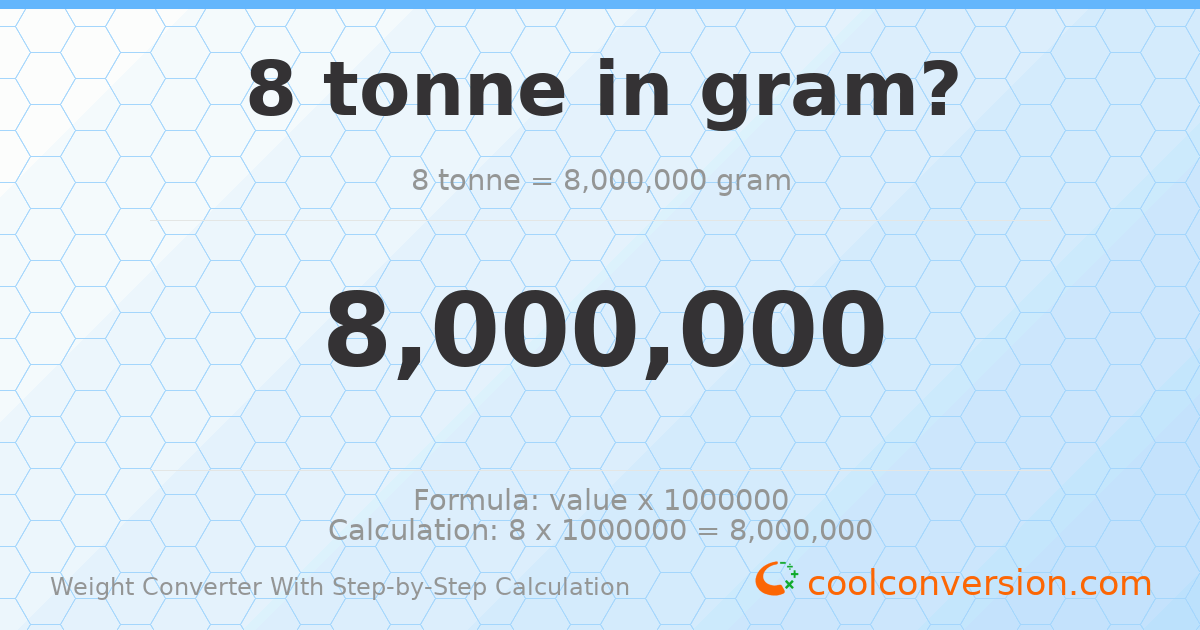 8 tonnes = 8000000 grams