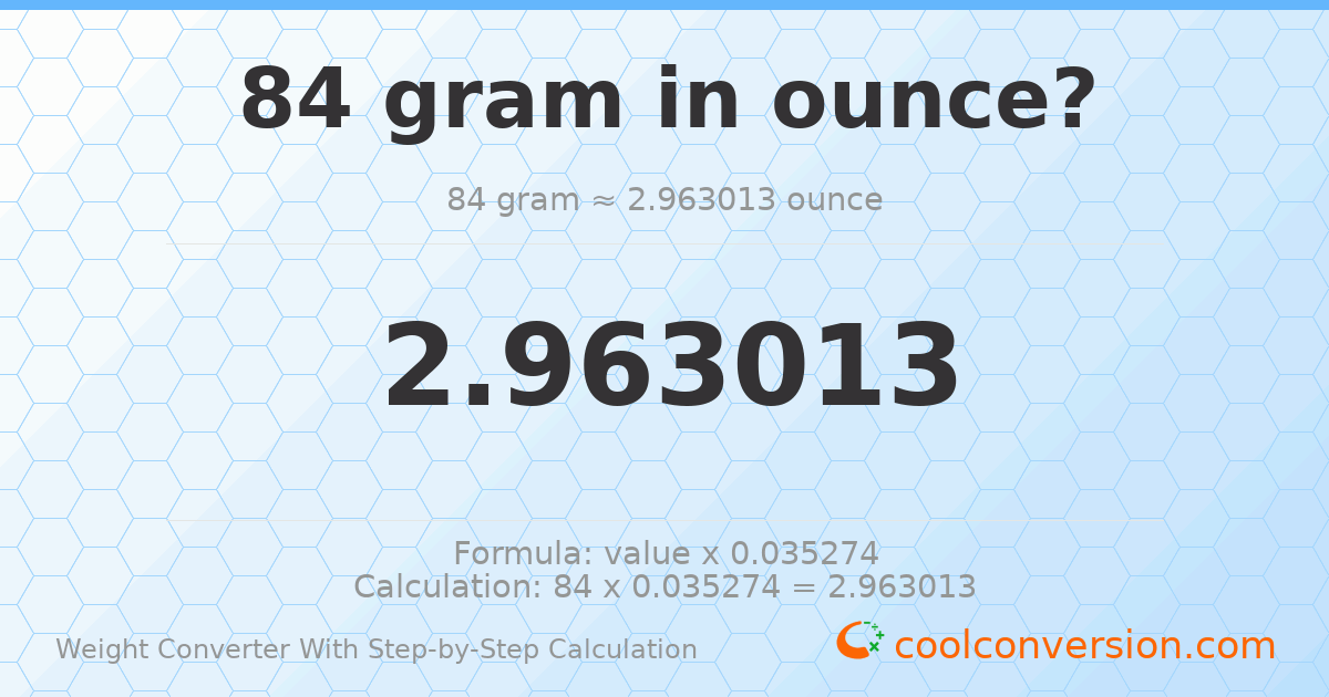 84 grams = 2.96301 ounces