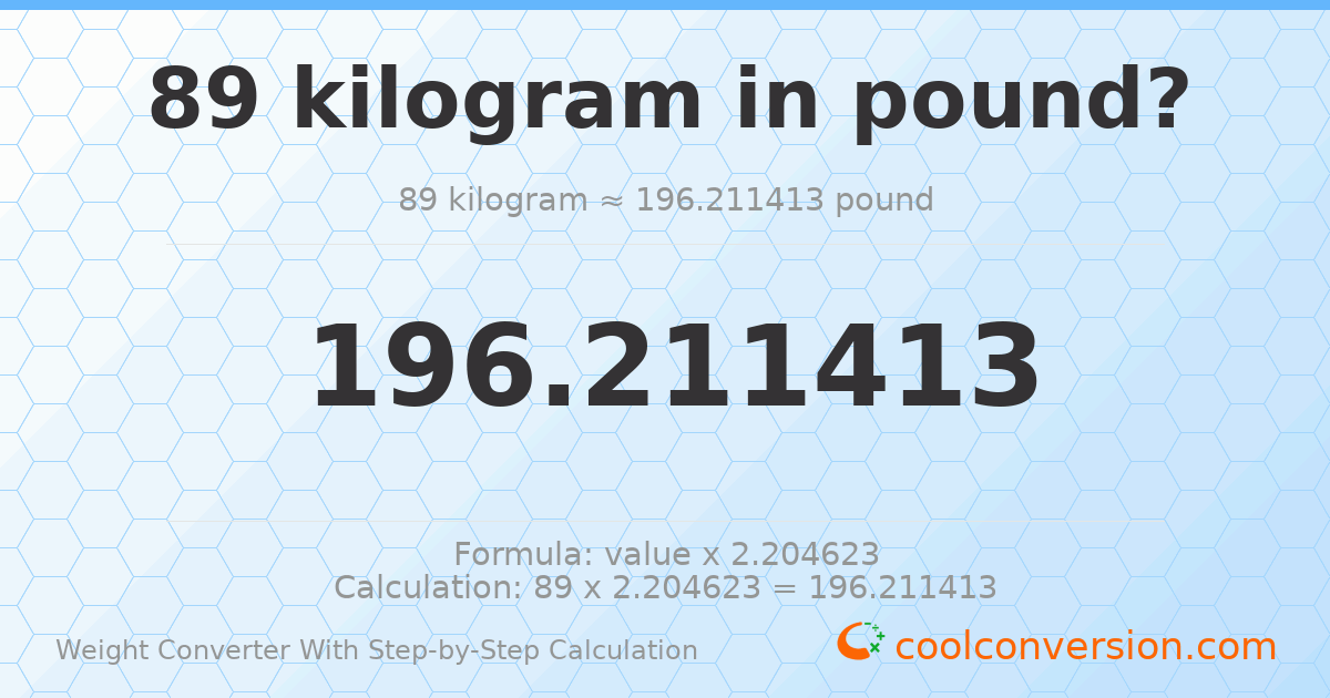 89 kilograms = 196.211 pounds