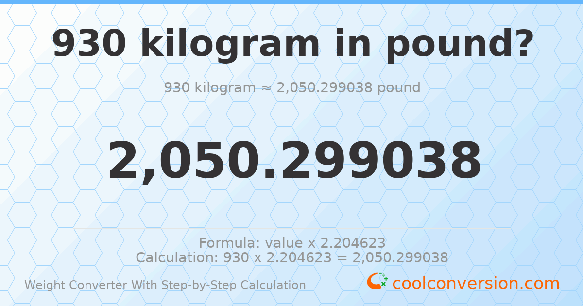 930 kilograms = 2050.3 pounds