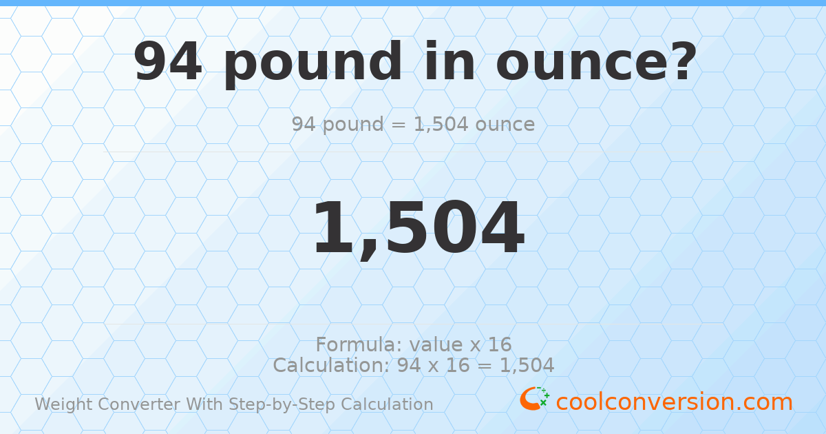 94 pounds = 1504 ounces
