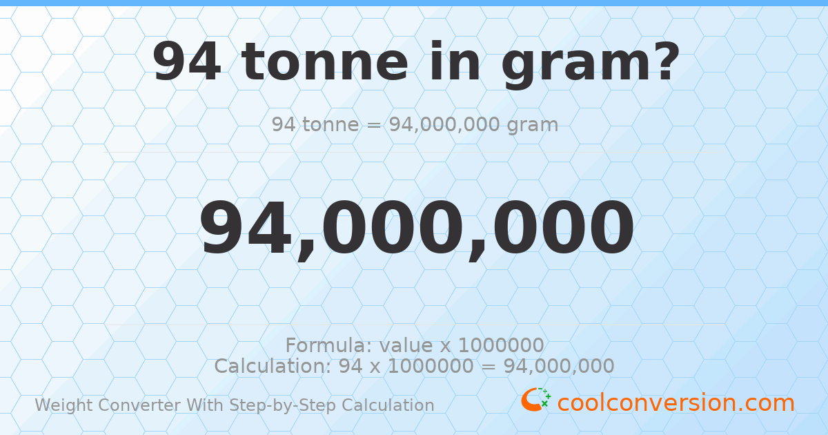 94 tonnes = 9.4 × 10⁷ grams