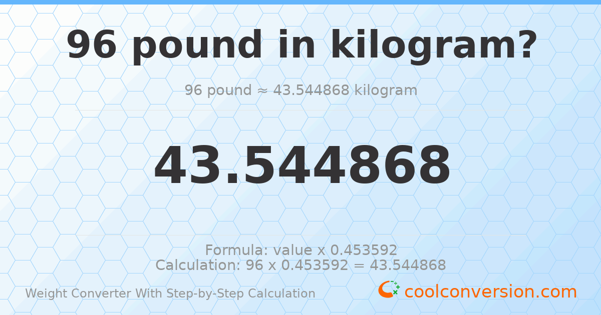 96 pounds = 43.5449 kilograms