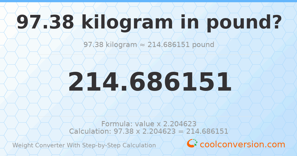 97.38 kilograms = 214.686 pounds