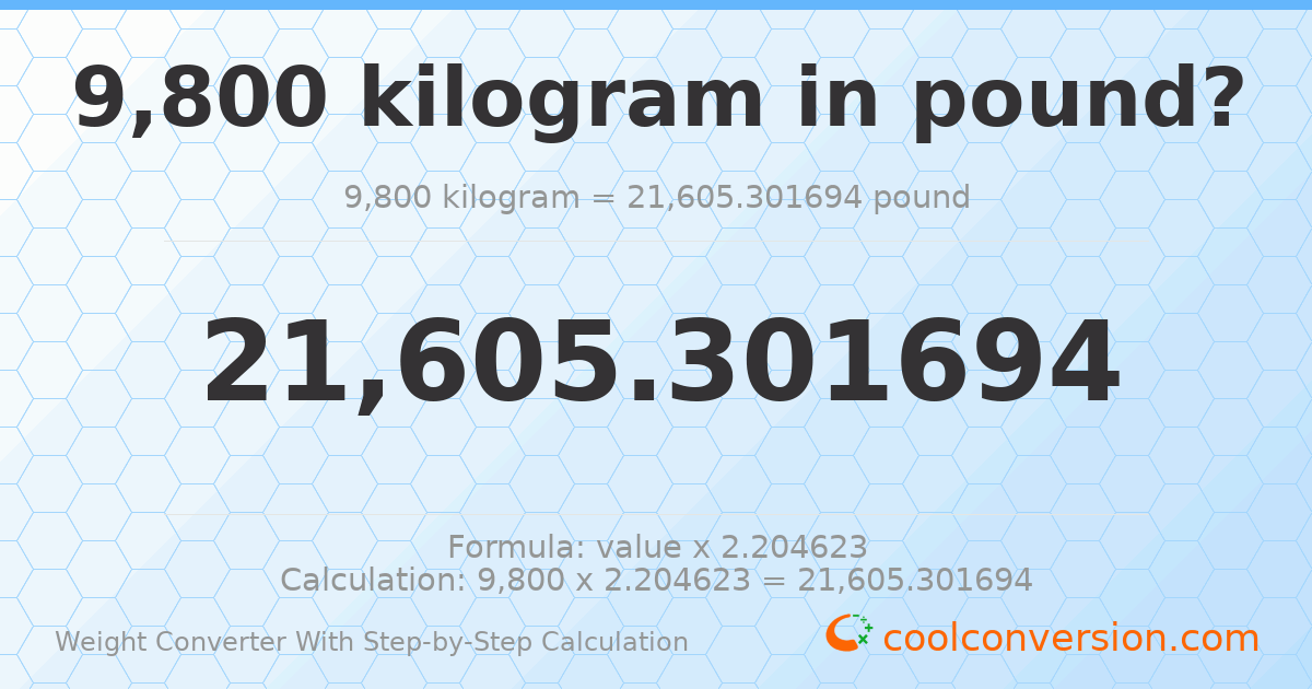 9800 kilograms = 21605.3 pounds