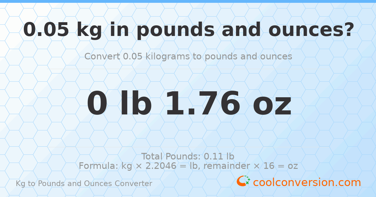 0.05 kg to lbs and oz — 0.05 kg = 0 lb 1.76 oz