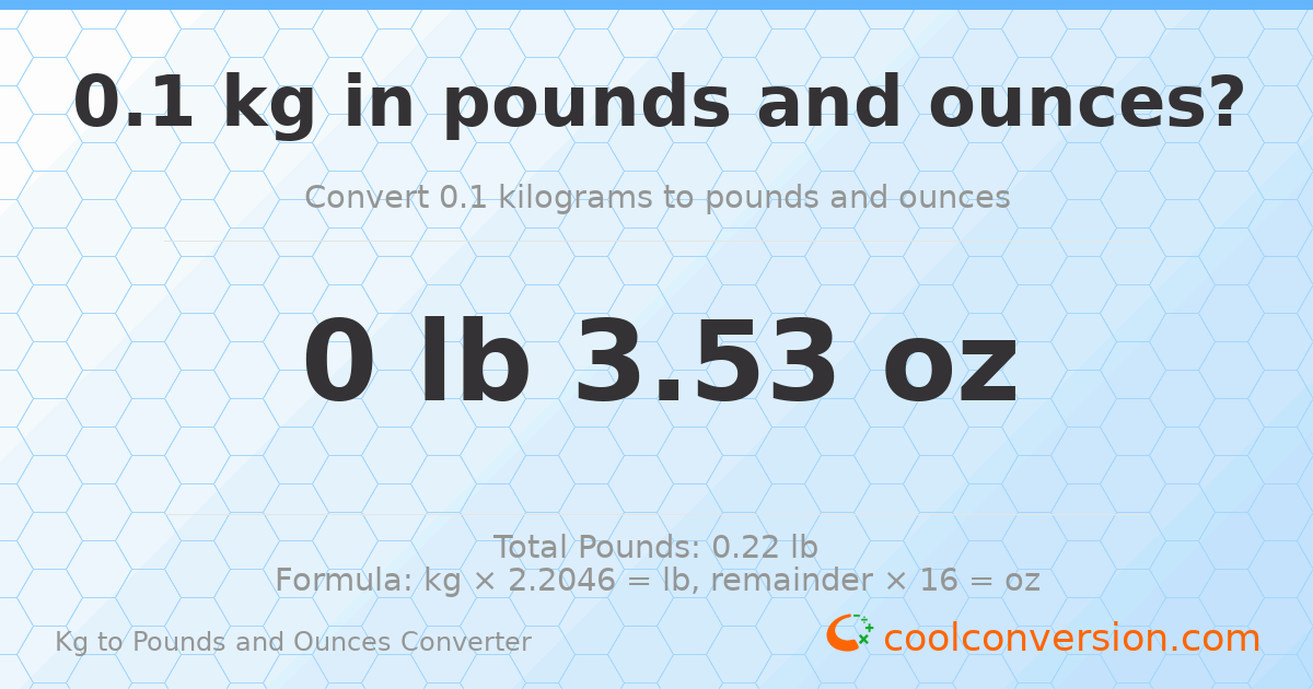0.1 kg to lbs and oz — 0.1 kg = 0 lb 3.53 oz