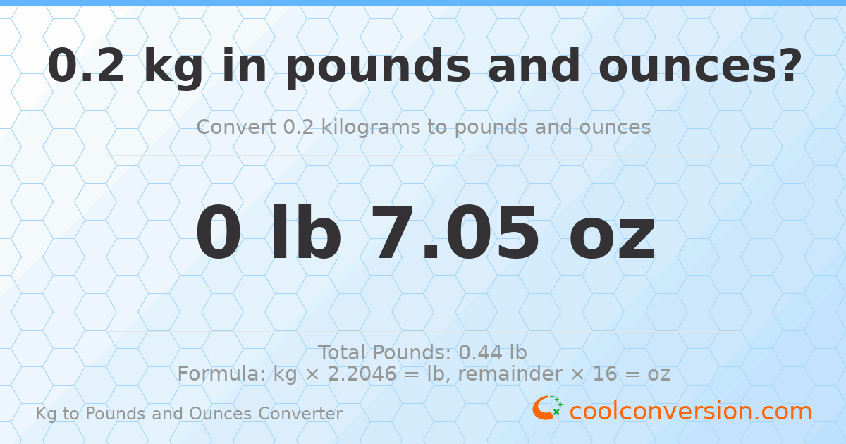 0.2 kg to lbs and oz — 0.2 kg = 0 lb 7.05 oz
