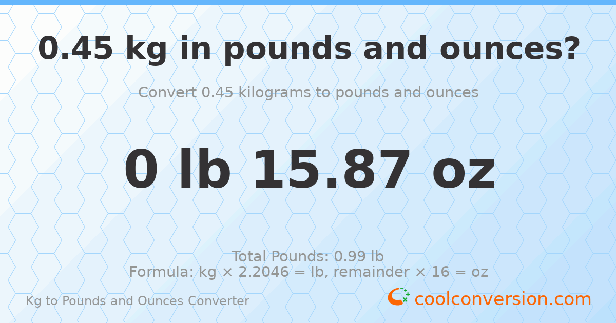 0.45 kg to lbs and oz — 0.45 kg = 0 lb 15.87 oz