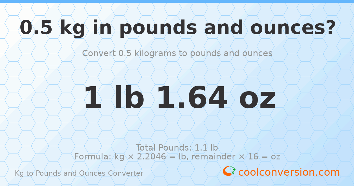 0.5 kg to lbs and oz — 0.5 kg = 1 lb 1.64 oz