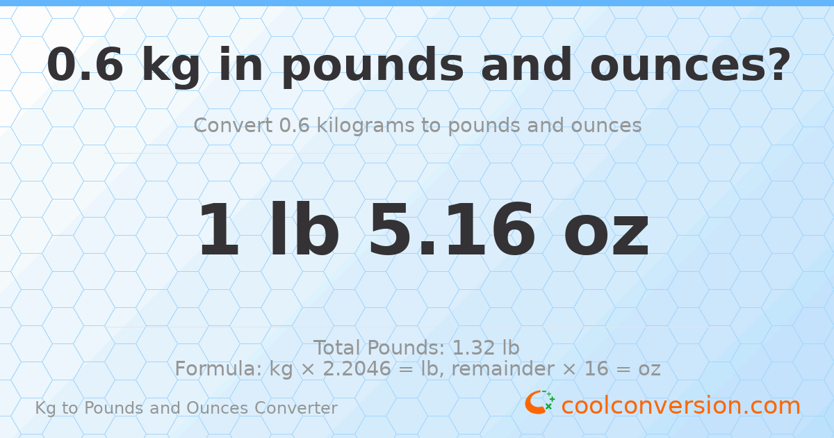 0.6 kg to lbs and oz — 0.6 kg = 1 lb 5.16 oz