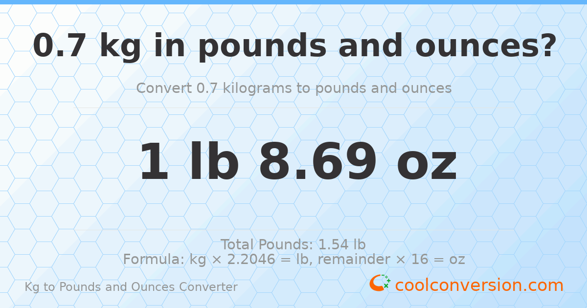 0.7 kg to lbs and oz — 0.7 kg = 1 lb 8.69 oz
