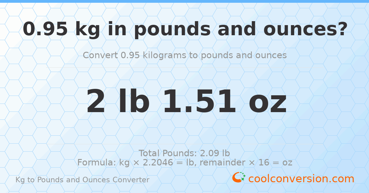 0.95 kg to lbs and oz — 0.95 kg = 2 lb 1.51 oz