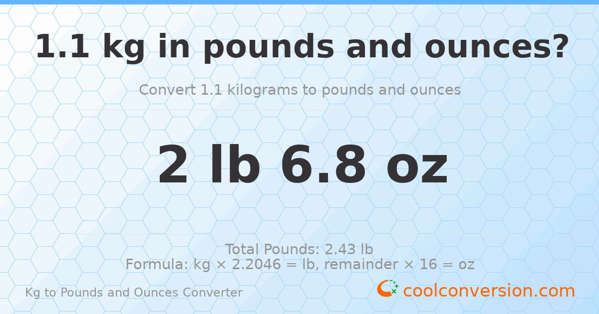 1.1 kg to lbs and oz — 1.1 kg = 2 lb 6.8 oz
