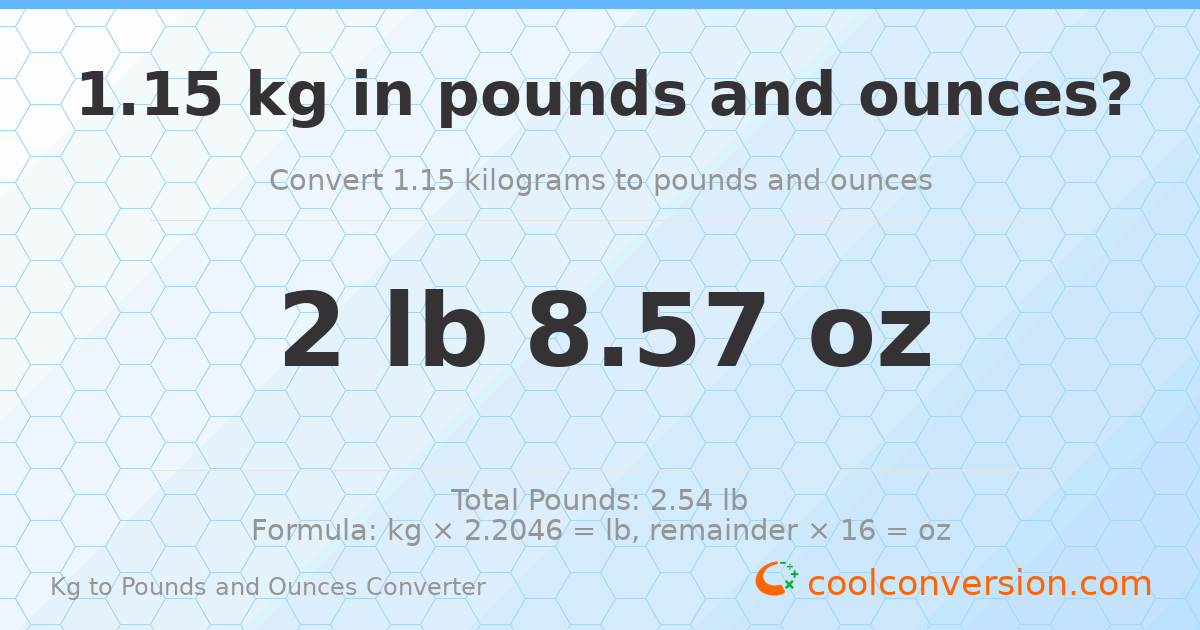 1.15 kg to lbs and oz — 1.15 kg = 2 lb 8.57 oz