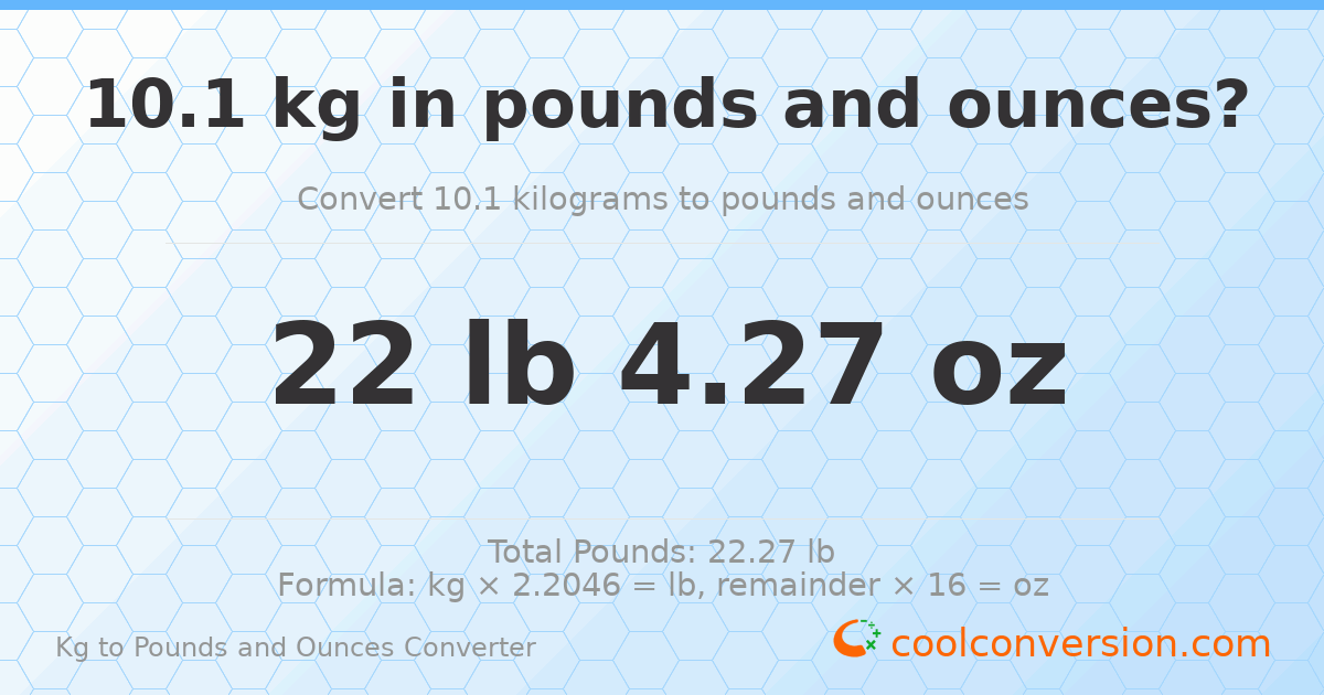 10.1 kg to lbs and oz — 10.1 kg = 22 lb 4.27 oz