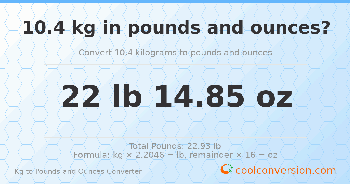 10.4 kg to lbs and oz — 10.4 kg = 22 lb 14.85 oz
