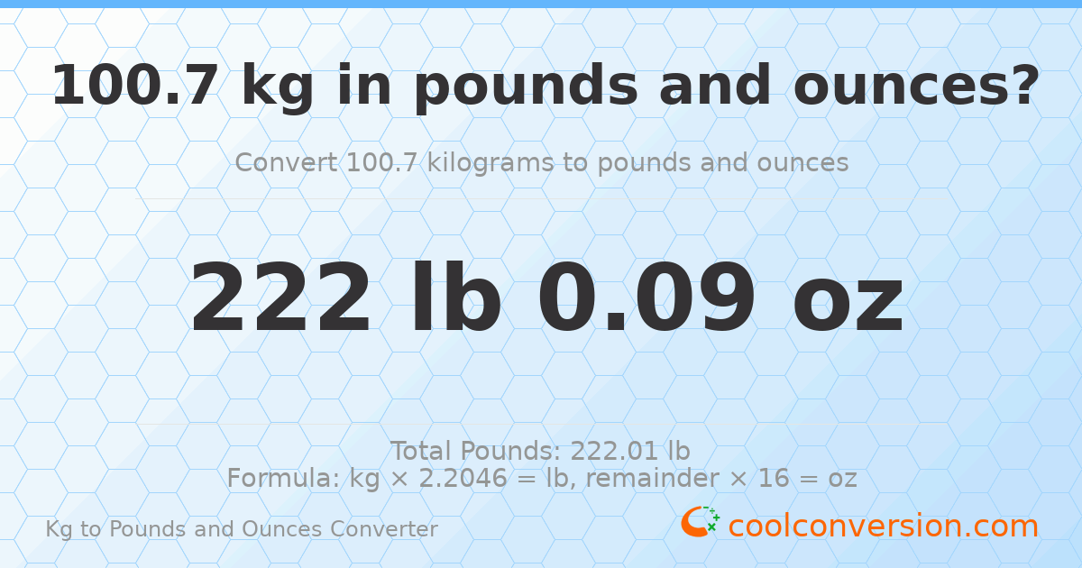 100.7 kg to lbs and oz — 100.7 kg = 222 lb 0.09 oz