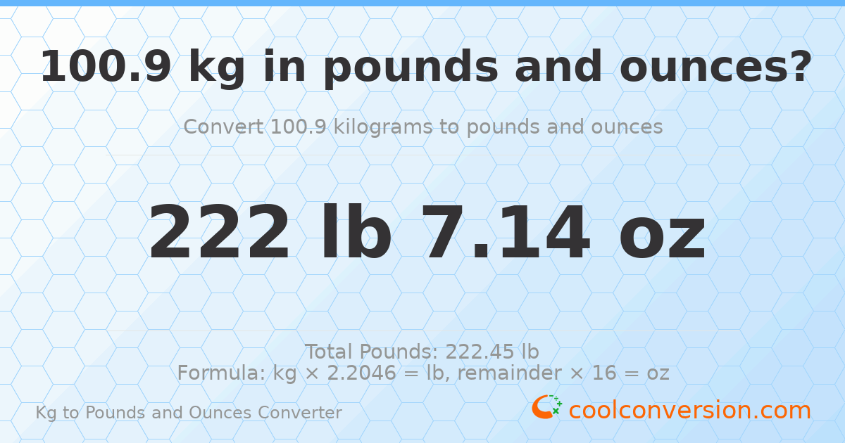100.9 kg to lbs and oz — 100.9 kg = 222 lb 7.14 oz