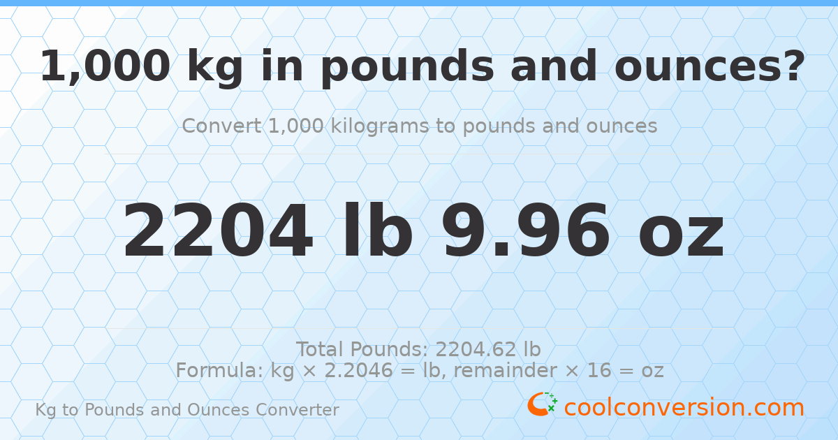 1000 kg to lbs and oz — 1000 kg = 2204 lb 9.96 oz