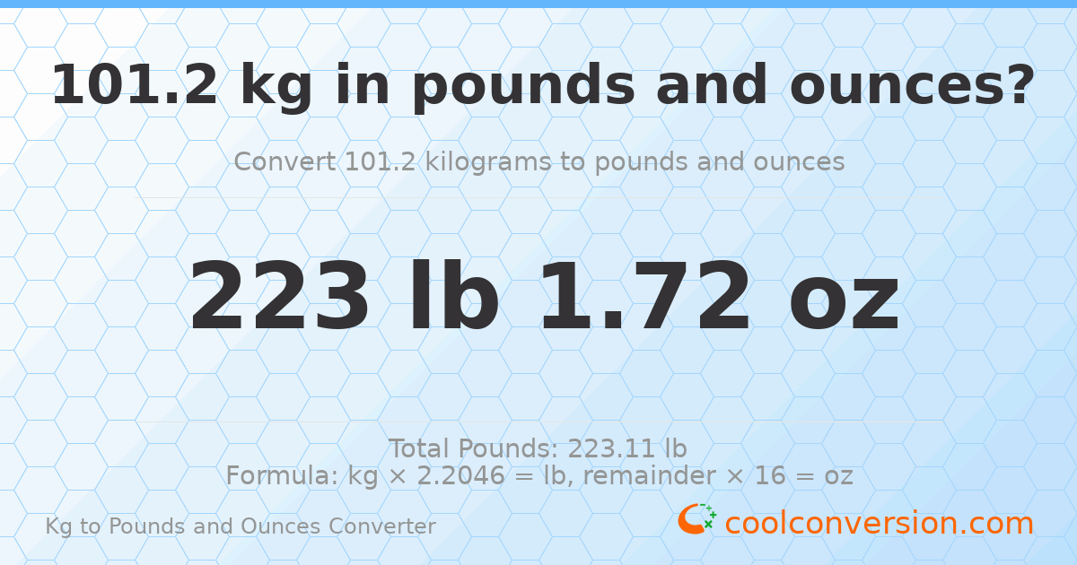 101.2 kg to lbs and oz — 101.2 kg = 223 lb 1.72 oz