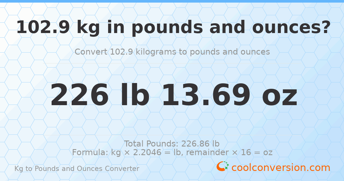 102.9 kg to lbs and oz — 102.9 kg = 226 lb 13.69 oz