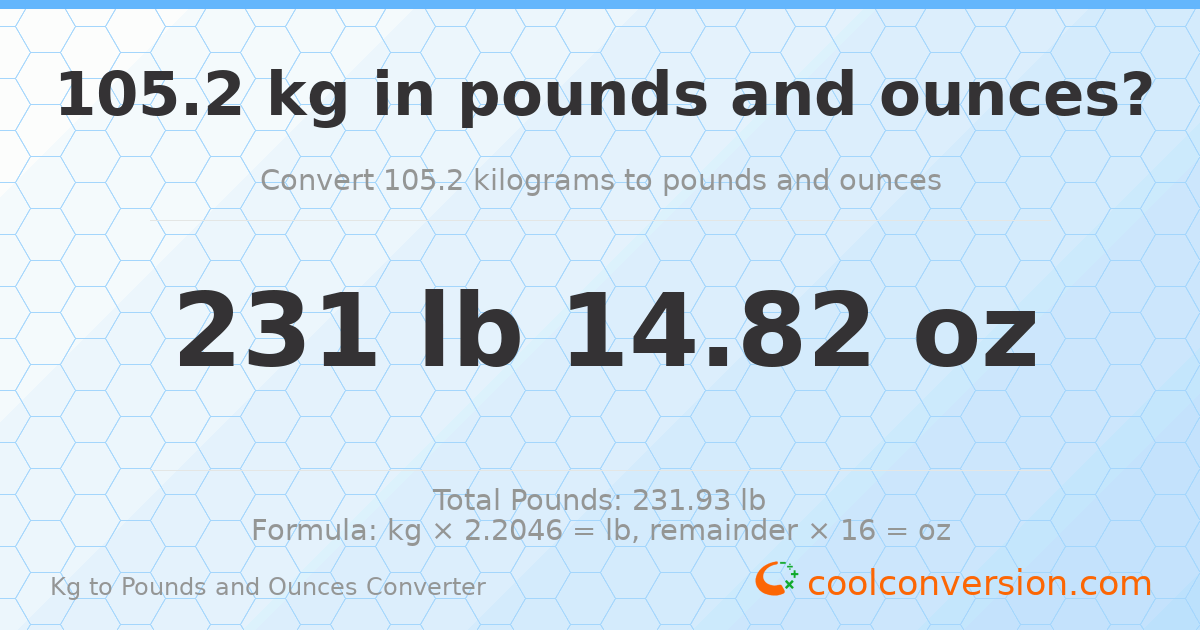 105.2 kg to lbs and oz — 105.2 kg = 231 lb 14.82 oz