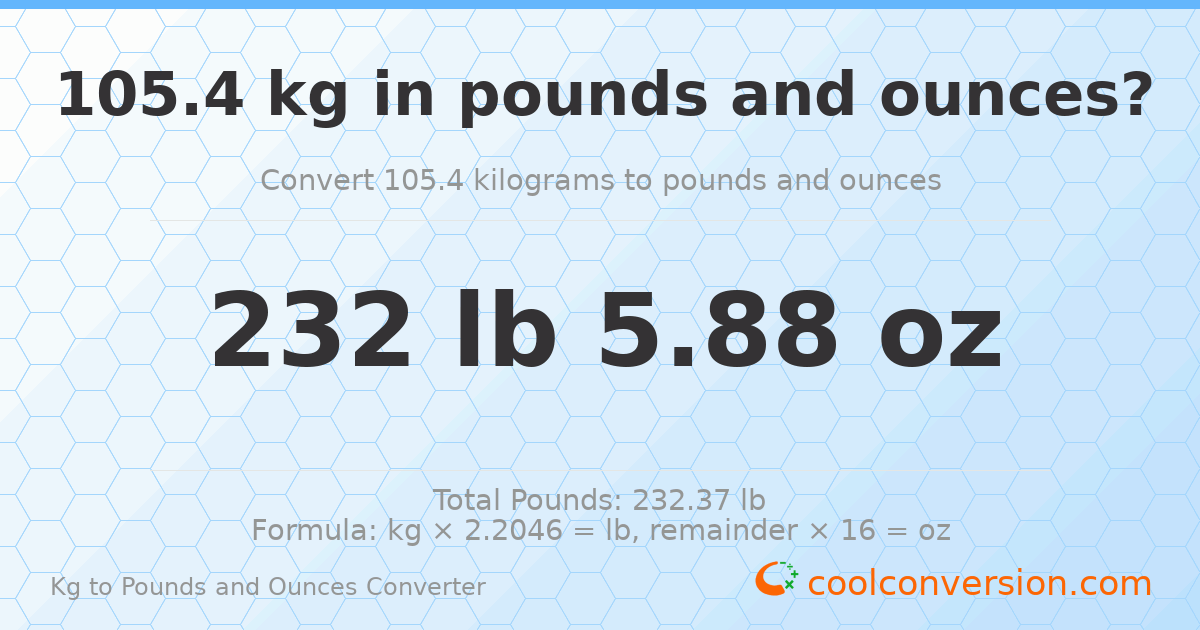 105.4 kg to lbs and oz — 105.4 kg = 232 lb 5.88 oz
