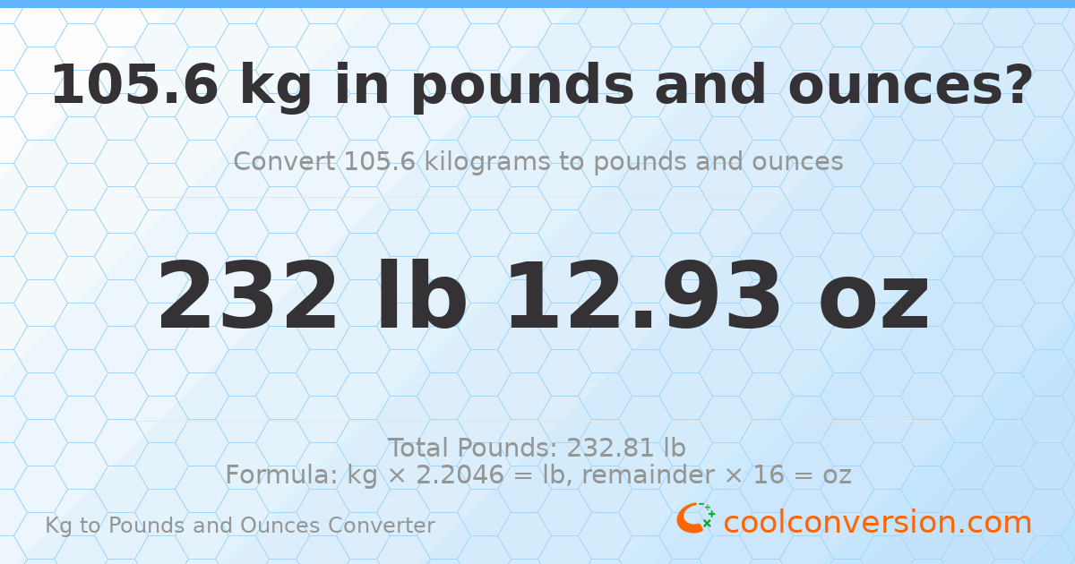 105.6 kg to lbs and oz — 105.6 kg = 232 lb 12.93 oz