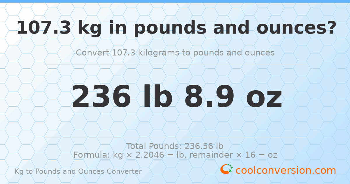 107.3 kg to lbs and oz — 107.3 kg = 236 lb 8.9 oz